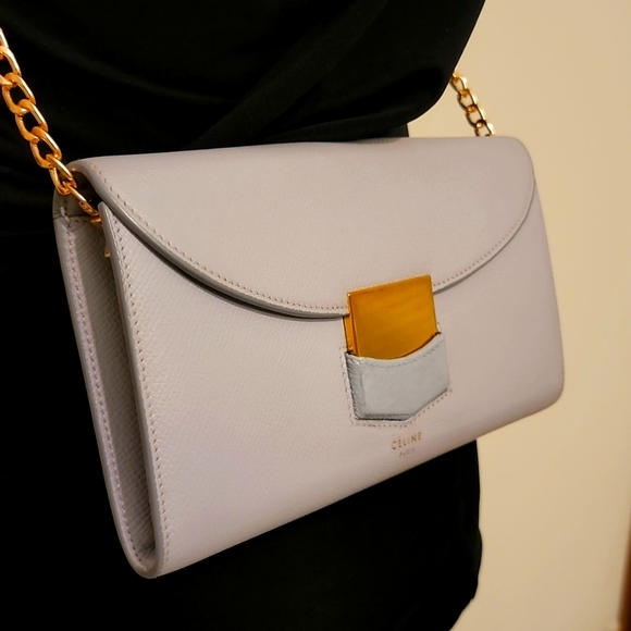 Celine Trotteur Crossbody Purse Clutch WOC Caviar Leather Gray - Picture 2 of 16